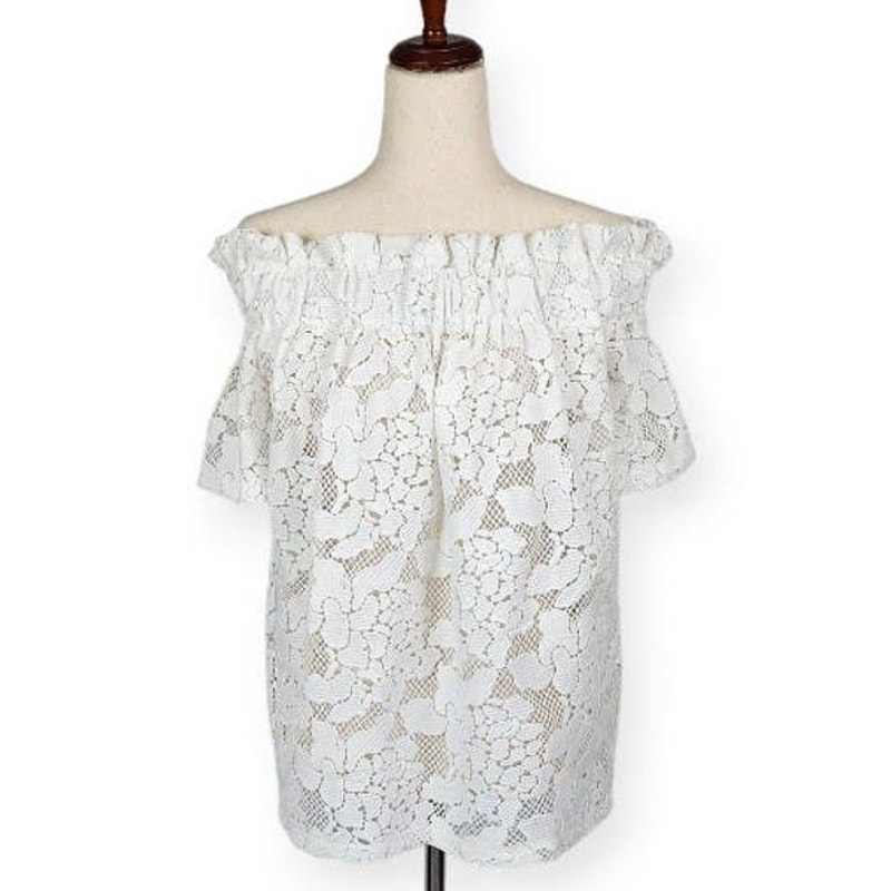 H&M Lace Top Off Shoulder Sheer Ruffles Short Sleeve White Women's Us Size 8